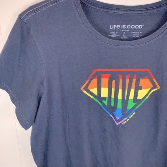 Life Is Good Love Pride Rainbow Logo Blue Tee T-Shirt Women's sz L - Picture 2 of 7
